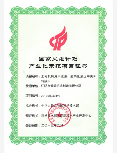 国家火炬示范项目证书（大流量超高压接头）